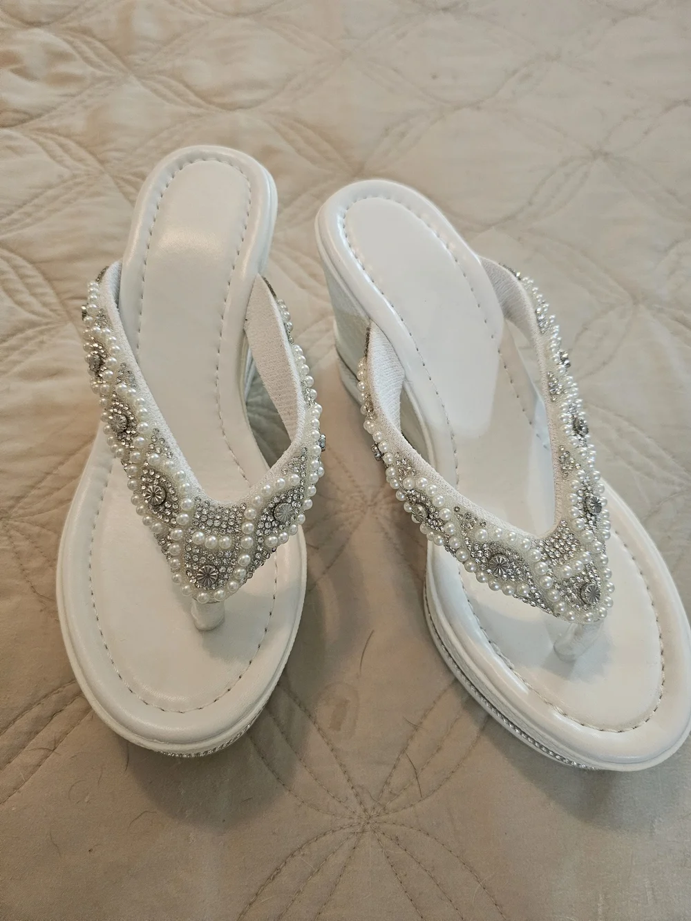 Embellished White Pearl Thong Sandals - Women